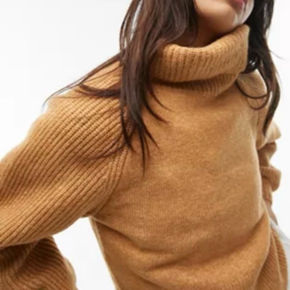 Topshop Sweaters - NWT Topshop Rollneck Balloon Sleeve Crop Sweater Brown Camel Ribbed Sz 8-10